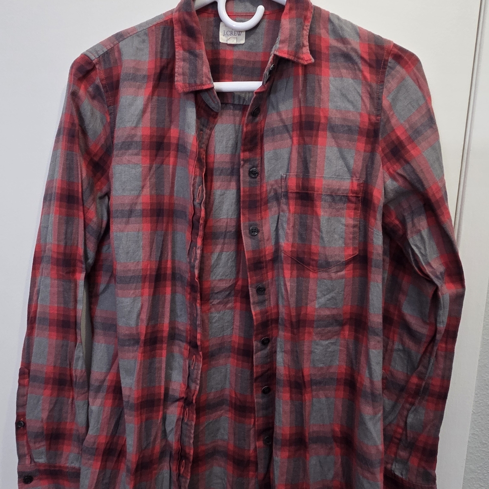 J. Crew Men's Red and Gray Plaid Button-Down Shirt